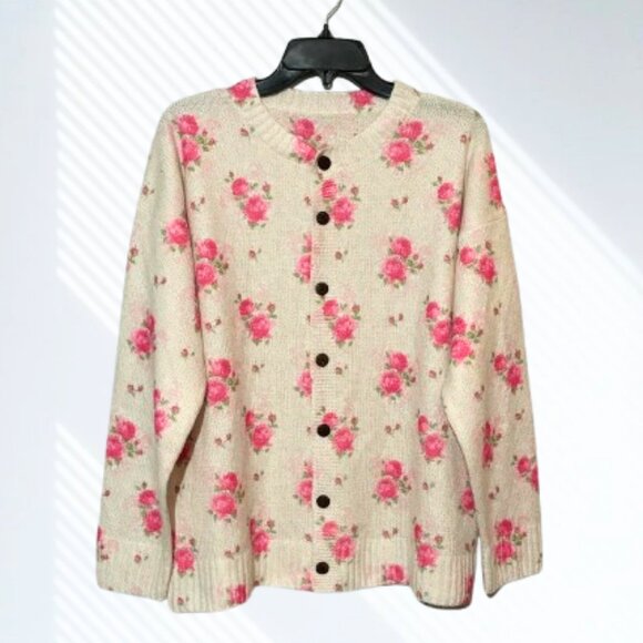NWOT Gorgeous Pink Rose Floral Print Knit Cardigan Sweater Layering Size 2XL - Picture 3 of 13